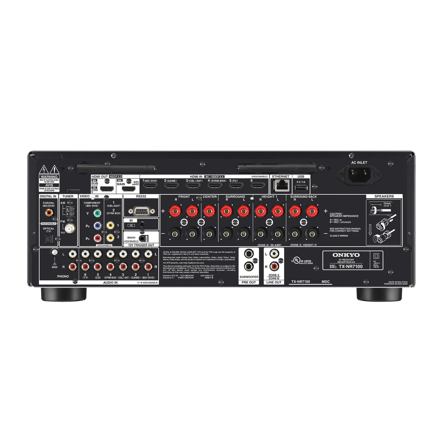 Zadnja stran Onkyo TX-NR 7100 – Povezave HDMI, zvočniški terminali, optični vhodi in druge priključne možnosti.