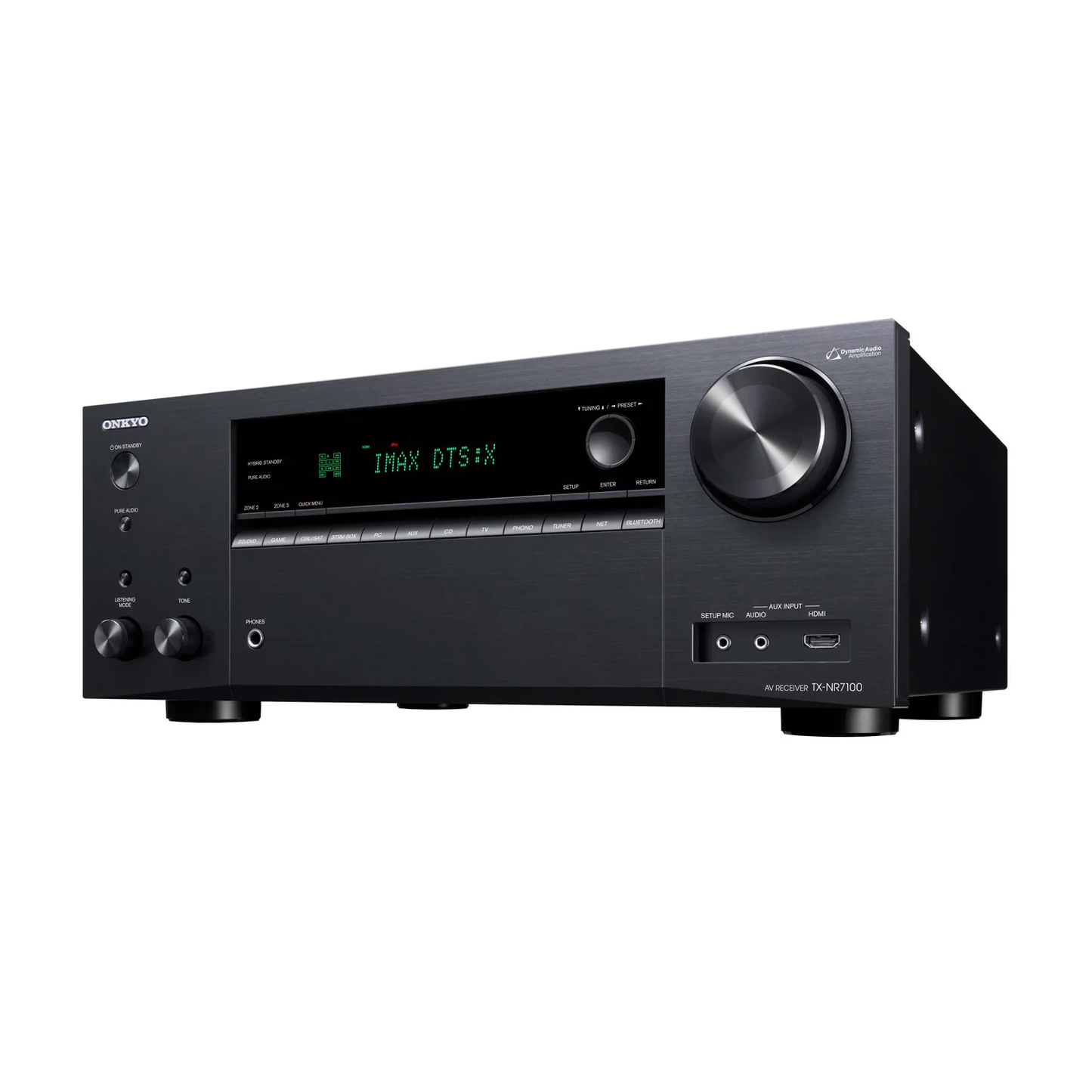 Onkyo TX-NR 7100 v hišnem omrežju – Sprejemnik povezan s pametnim TV-jem, igralno konzolo in zvočniki.