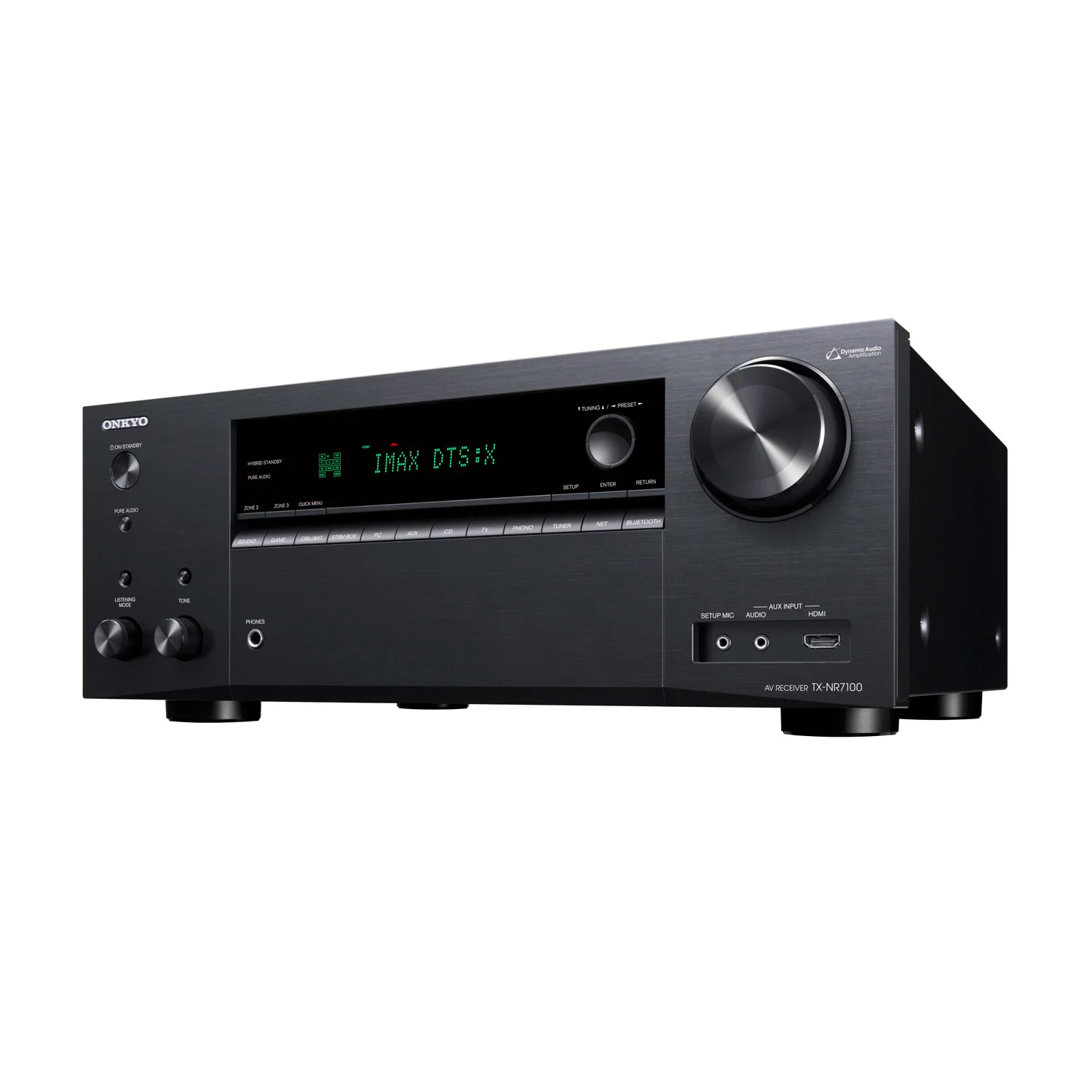 Onkyo TX-NR 7100 v hišnem omrežju – Sprejemnik povezan s pametnim TV-jem, igralno konzolo in zvočniki.