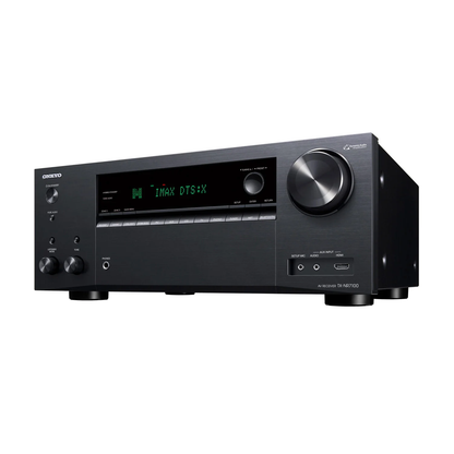 Onkyo TX-NR 7100 v hišnem omrežju – Sprejemnik povezan s pametnim TV-jem, igralno konzolo in zvočniki.