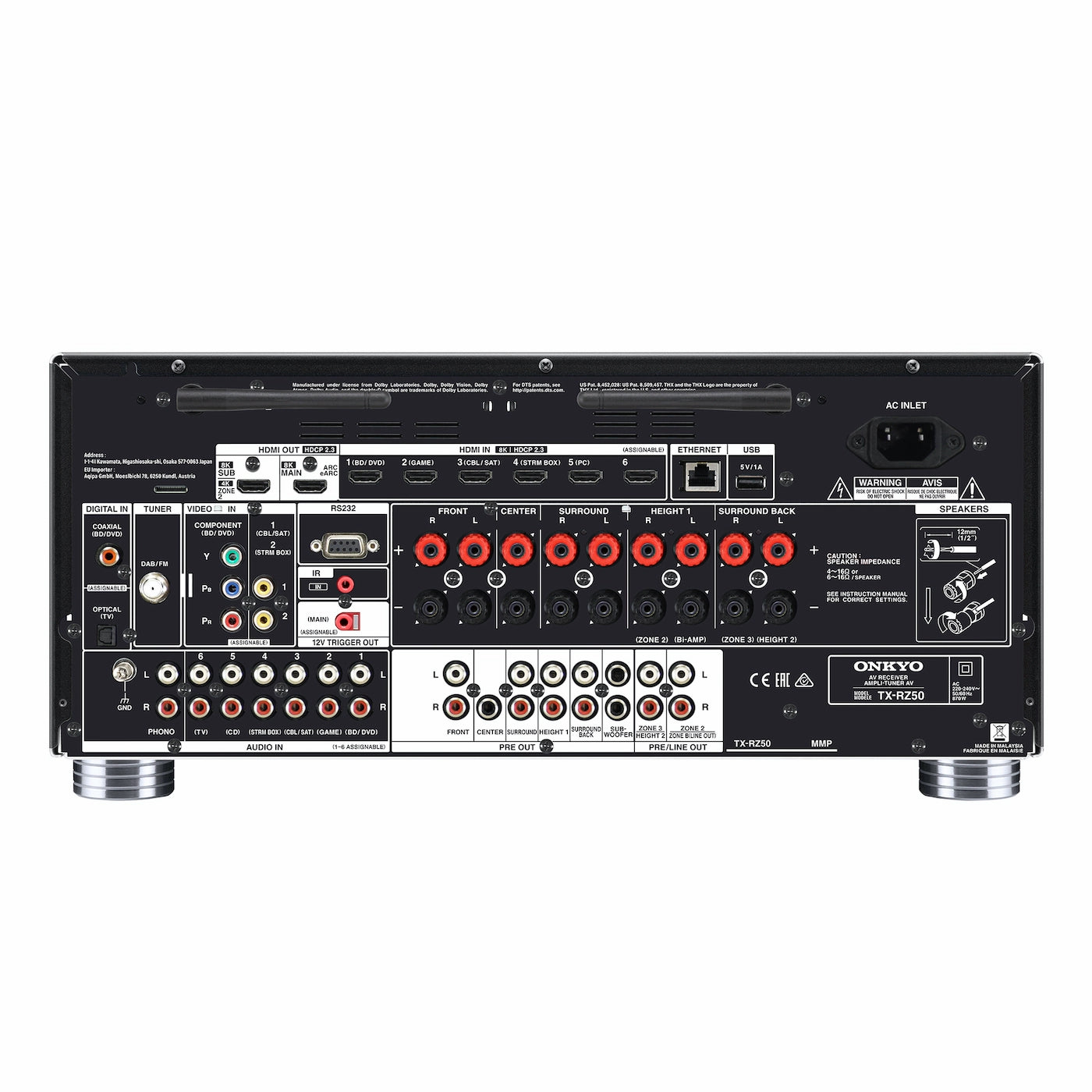 Onkyo TX-RZ50 – priključki na zadnji strani | HDMI vhodi z 8K podporo, pre-out izhodi, priključki za 9.2-kanalne zvočnike in omrežna povezljivost.