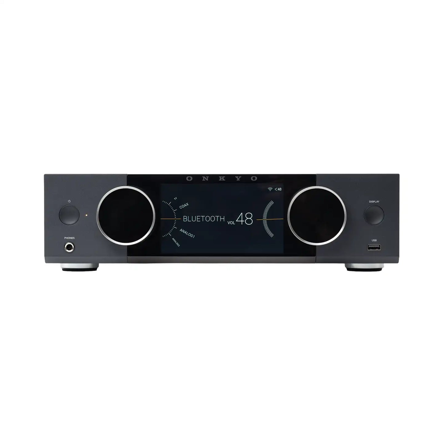 Sprednja plošča Onkyo Muse Y-40 z barvnim 5,46-palčnim LCD zaslonom in kontrolnim gumbom.
