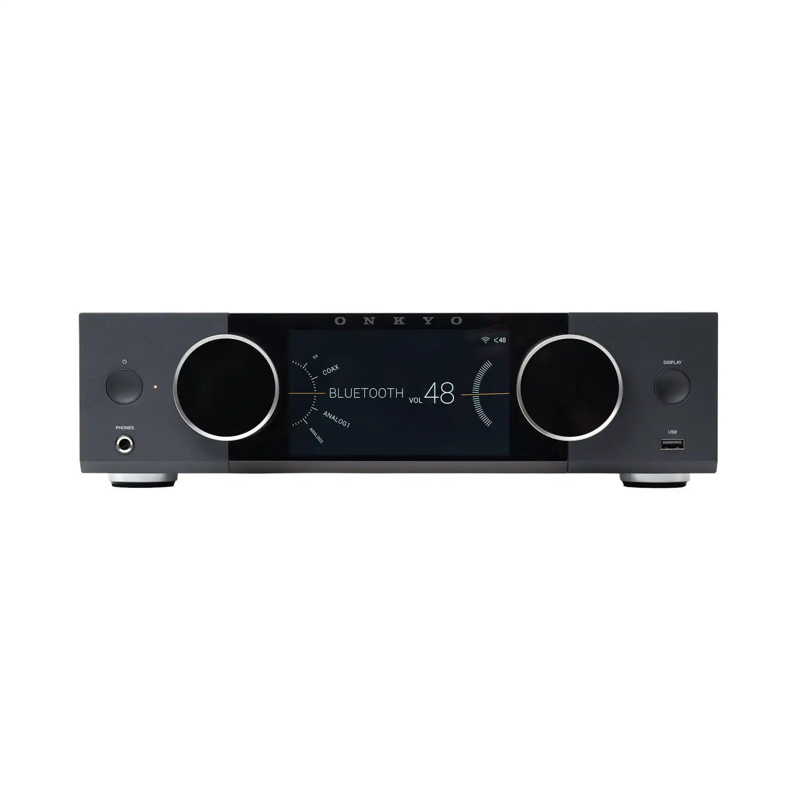 Sprednja plošča Onkyo Muse Y-40 z barvnim 5,46-palčnim LCD zaslonom in kontrolnim gumbom.