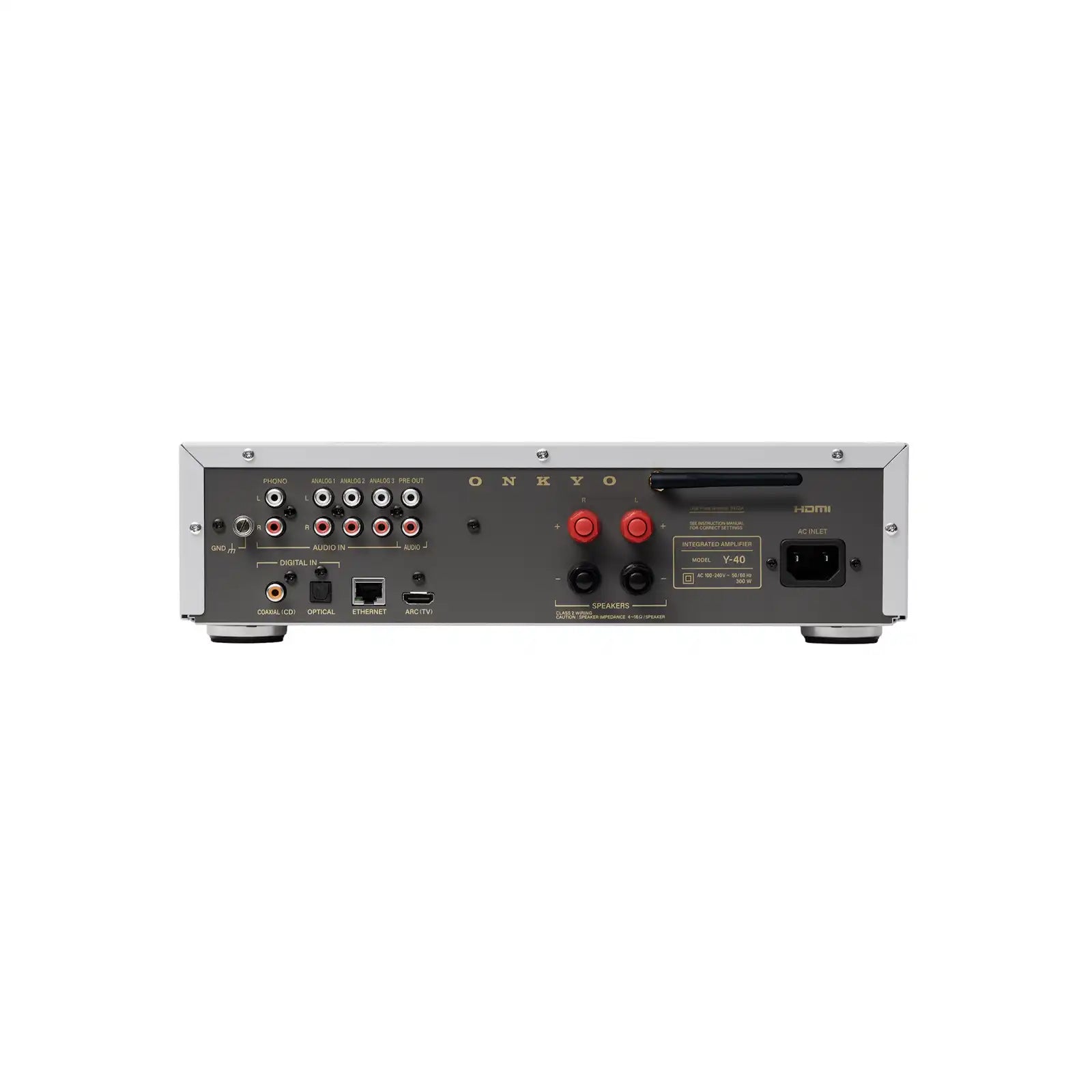 Pogled na zadnjo stran Onkyo Muse Y-40 s HDMI ARC, optičnimi in Phono vhodi.