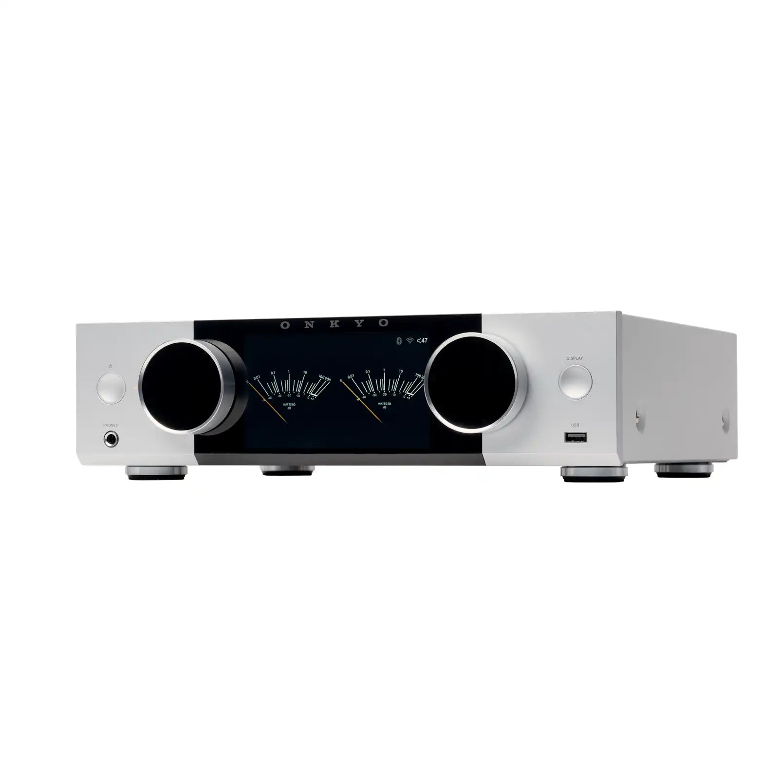 Prikaz digitalnih VU metrov na LCD zaslonu ojačevalnika Onkyo Muse serije Y-40.