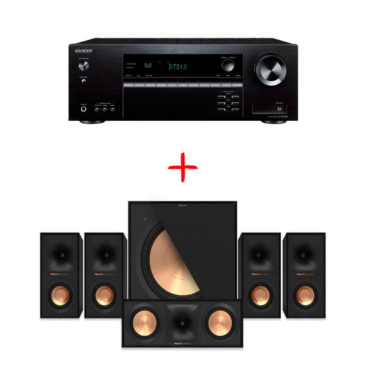 Slika kompleta av sprejemnika Onkyo TX-NR5100 z zvočniki klipsch (R-50M + R-121SW sub + R-50C centralni zvočnik) po znižani ceni.