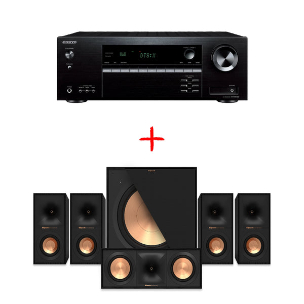 Slika kompleta av sprejemnika Onkyo TX-NR5100 z zvočniki klipsch (R-50M + R-121SW sub + R-50C centralni zvočnik) po znižani ceni.