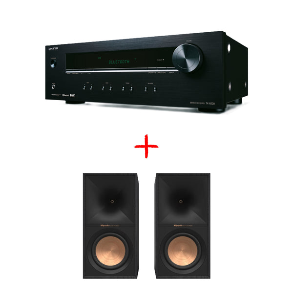 Slika kompleta zvočnikov Klipsch R-60M z stereo sprejemnikom Onkyo TX 8220 za vrhunski hifi sistem.