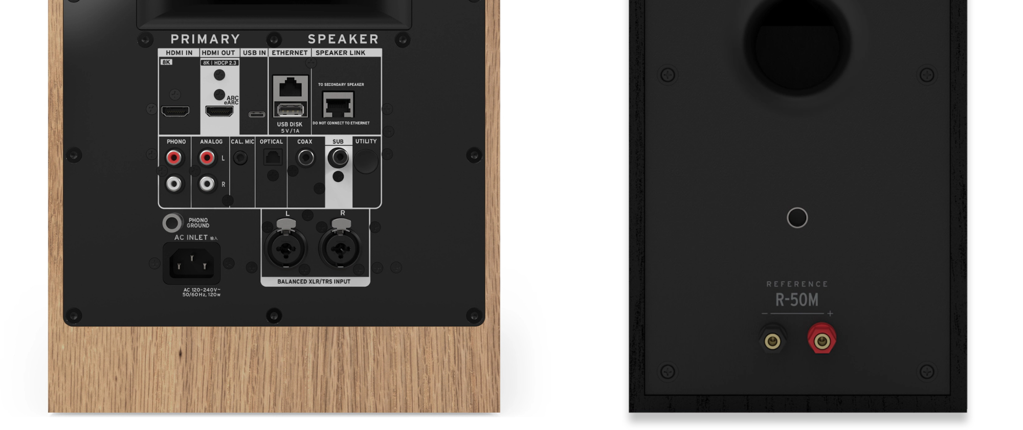 Primerjava aktivnih in pasivnih Hi-Fi zvočnikov Klipsch - zadnja stran z priključki in povezavami.