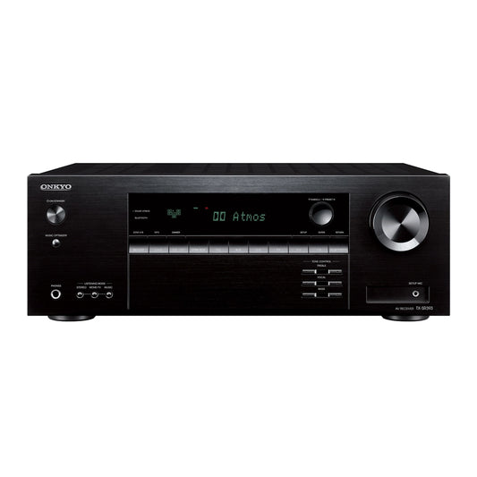 slika Onkyo TX-SR390 AV sprejemnik, črn, sprednja stran s prikazom zaslona.