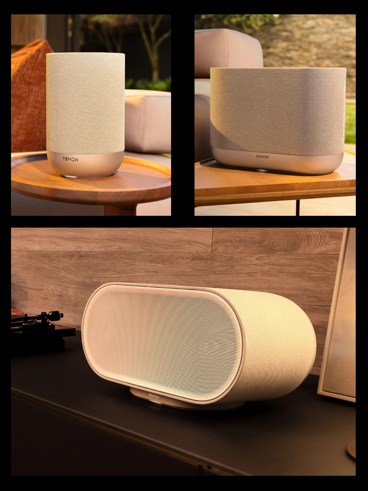Celotna nova serija brezžičnih zvočnikov Denon Home 200, 400 in 600 v moderni dnevni sobi za vrhunski Hi-Fi zvok v celem stanovanju