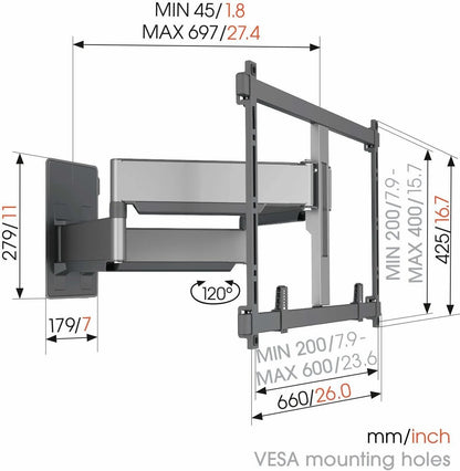 Vogels TVM 5855 ELITE: Vrhunski Full-Motion nosilec za velike TV zaslone (55-100"), ki omogoča popolno prilagodljivost in eleganten videz.