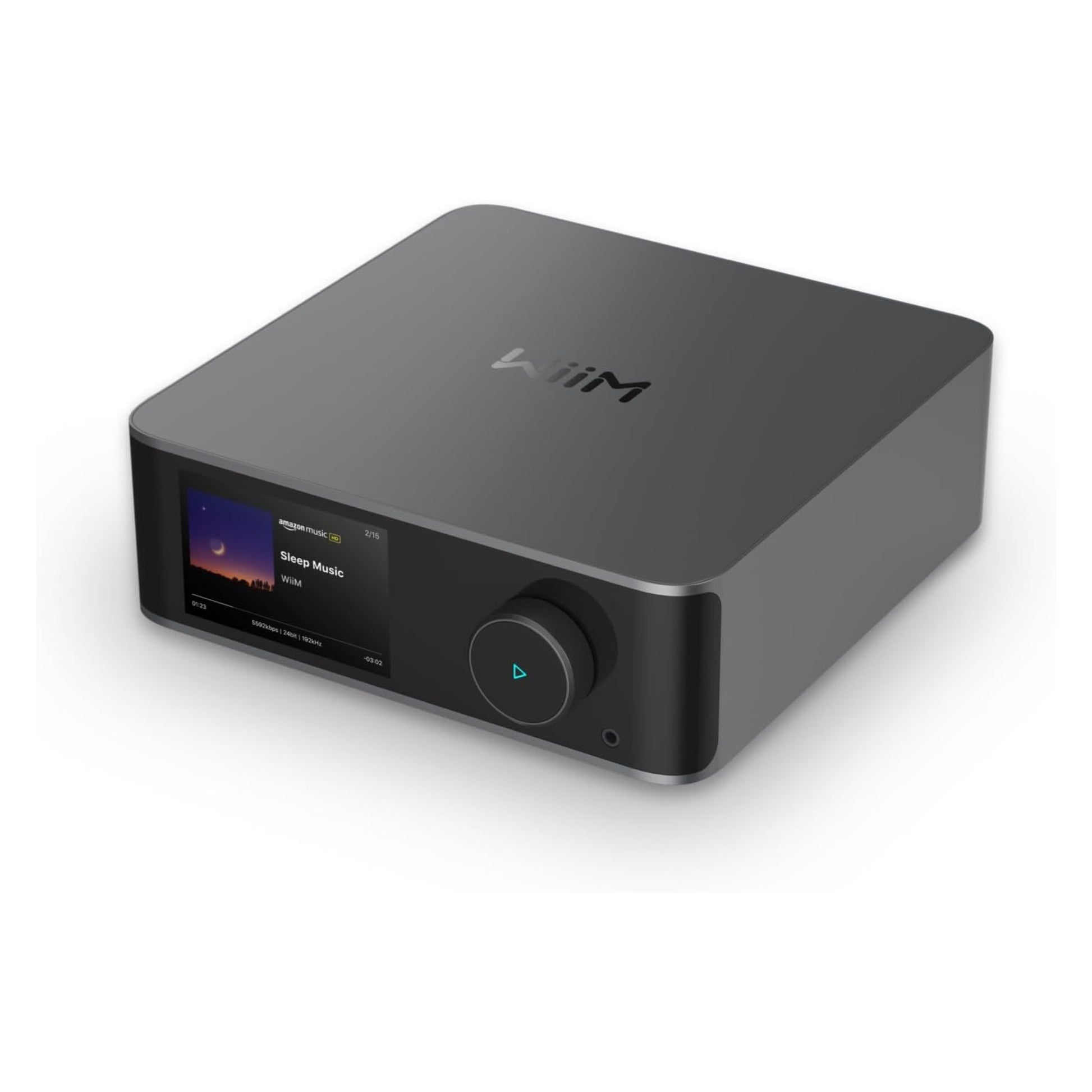 WiiM Ultra sprednji pogled – Eleganten mrežni predvajalnik za hi-res zvok in večsobno predvajanje.