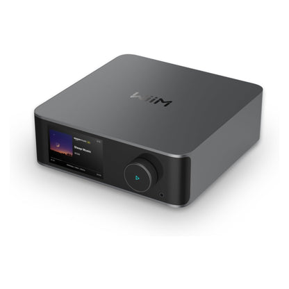 WiiM Ultra sprednji pogled – Eleganten mrežni predvajalnik za hi-res zvok in večsobno predvajanje.