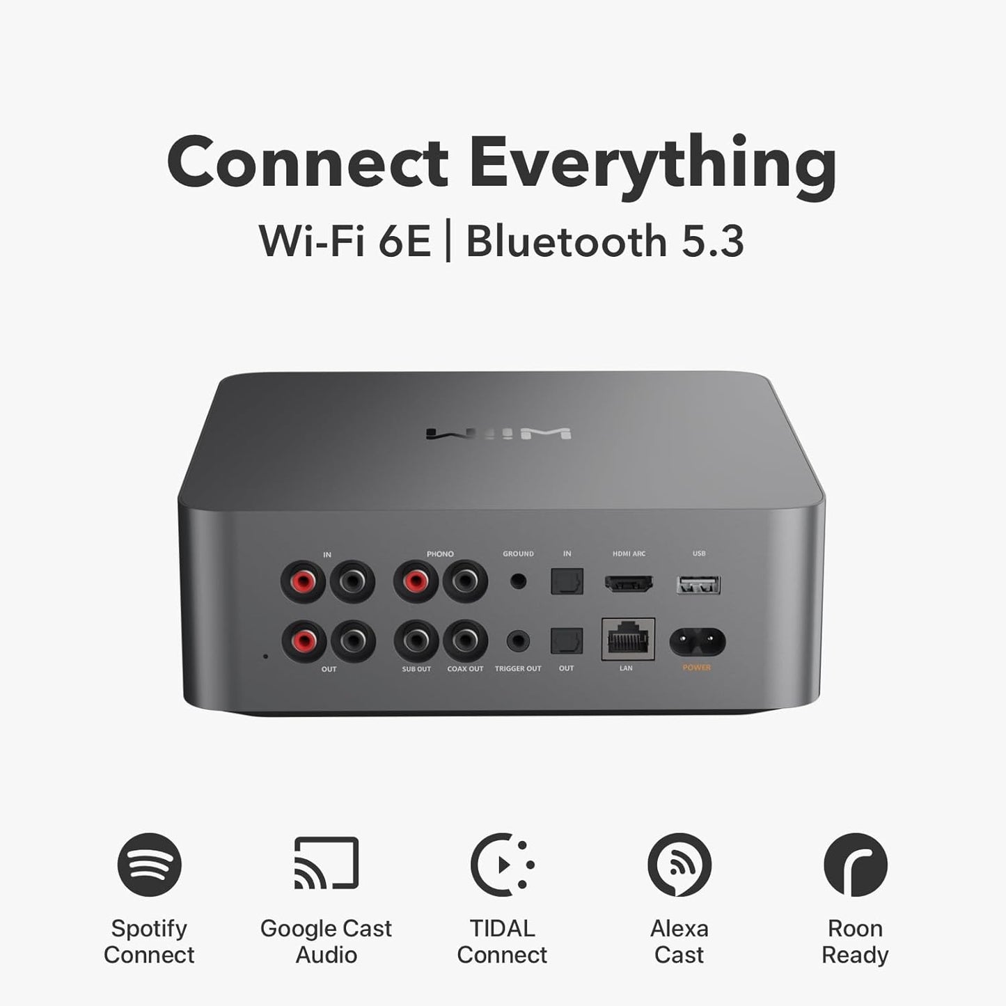 WiiM Ultra zadnja stran – Priključki HDMI ARC, USB, optični, koaksialni in RCA za široko povezljivost.