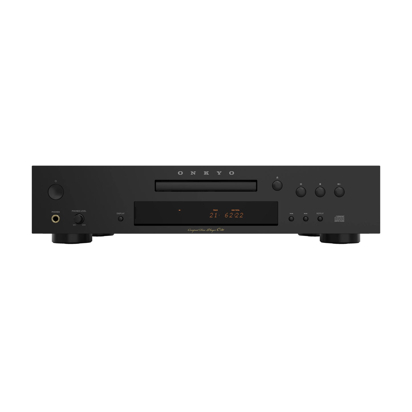 Onkyo Icon C-30 diskreten in tanek CD predvajalnik za napredne stereo sisteme na čistem belem ozadju.
