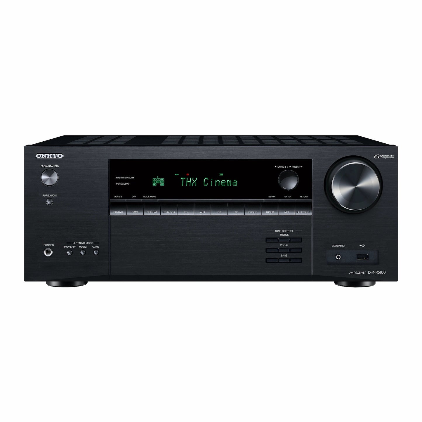 LED zaslon Onkyo TX-NR6100 med delovanjem | Prikaz informacij o trenutnem vhodnem signalu, glasnosti in podprtem avdio formatu, kot sta Dolby Atmos ali DTS:X.