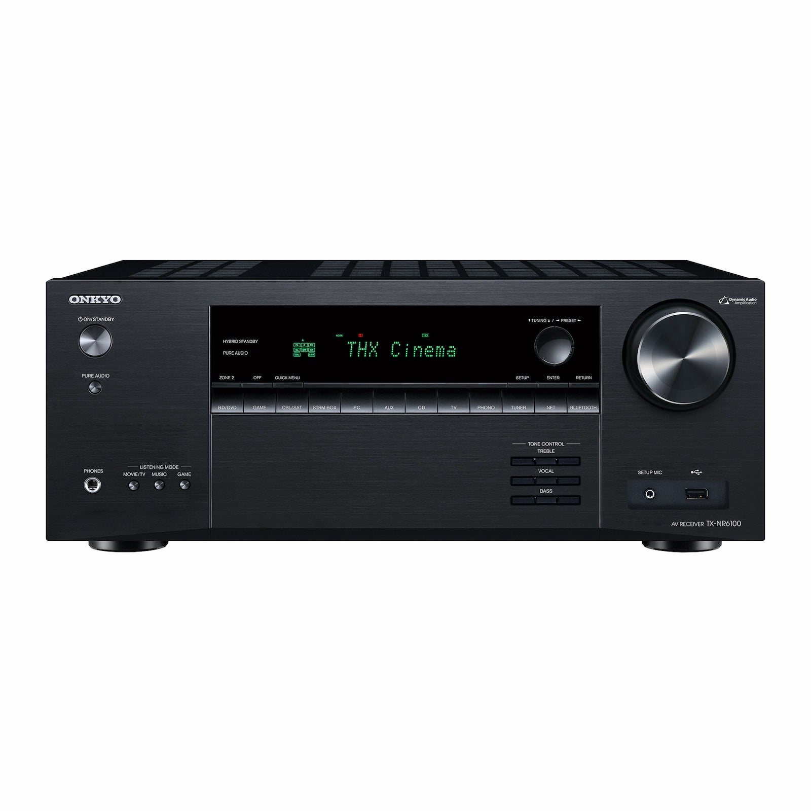 LED zaslon Onkyo TX-NR6100 med delovanjem | Prikaz informacij o trenutnem vhodnem signalu, glasnosti in podprtem avdio formatu, kot sta Dolby Atmos ali DTS:X.