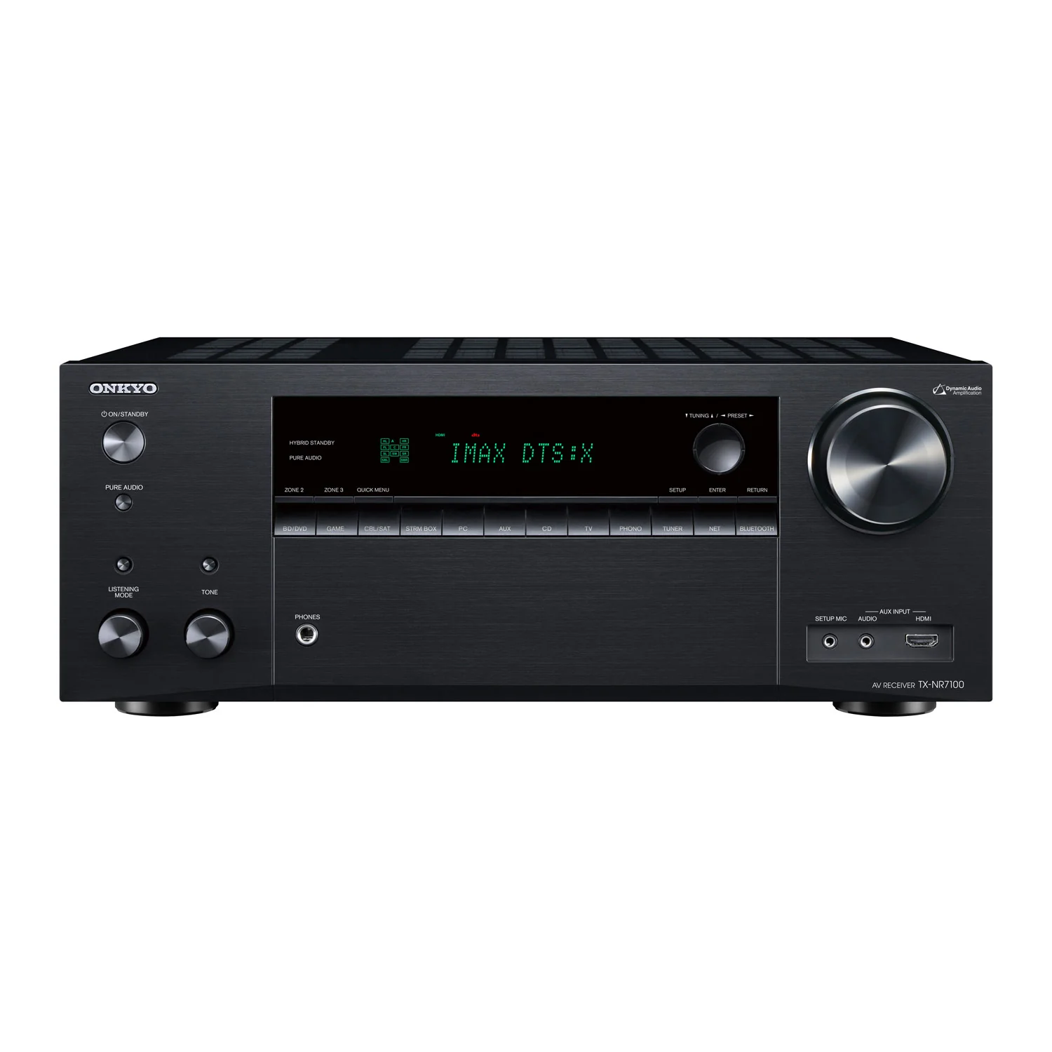 Zaslon Onkyo TX-NR 7100 med delovanjem – Digitalni prikazovalnik prikazuje trenutno nastavitev in vhodni vir.