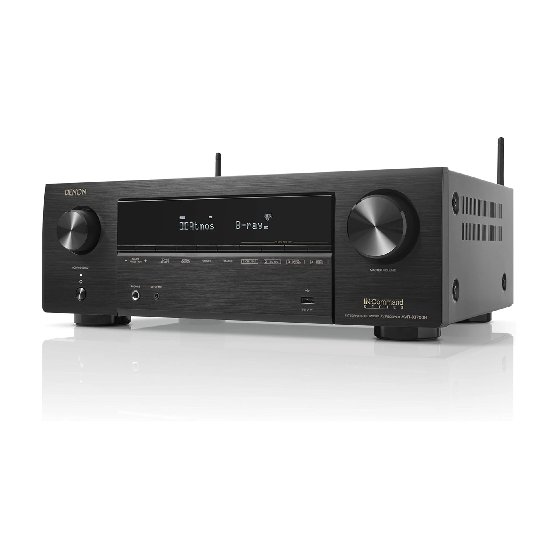 Podrobna slika Denon AVR-X1700H sprejemnika, ki prikazuje sprednjo ploščo z gumbi, zaslonom in priključki.