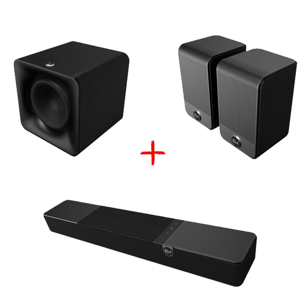 Slika kompleta zvočnikov serije Klipsch Flexus: Core 100 Soundbar  + Sub 100 10" Subwoofer  + Surr 100 Surround zvočnika za hični kno brez kablov.