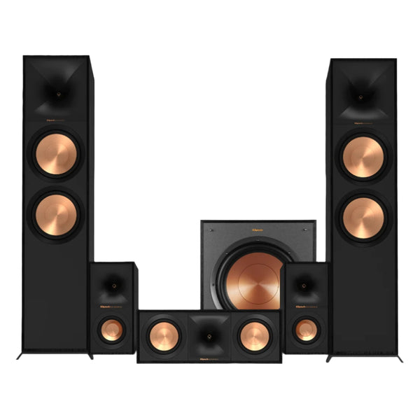 Slika Klipsch Reference 5.1 sistema zvočnikov: R-800F, R-50C, R-40M, R-101SW za kinematografski hišni kino.