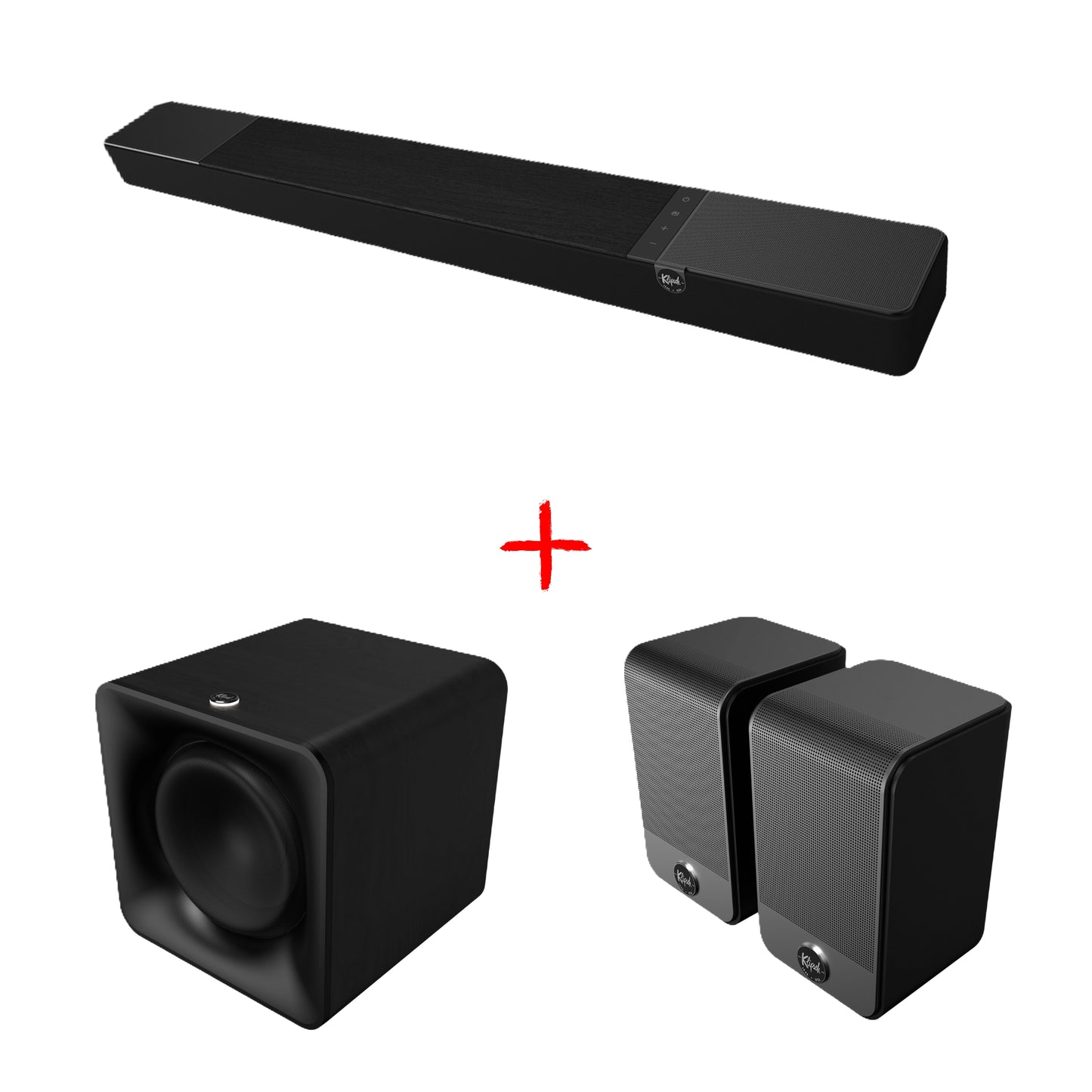 Slika kompleta zvočnikov serije Klipsch Flexus Soundbar + 10" Subwoofer + par brezžičnih Surround zvočnikov za hifi hišni kino.