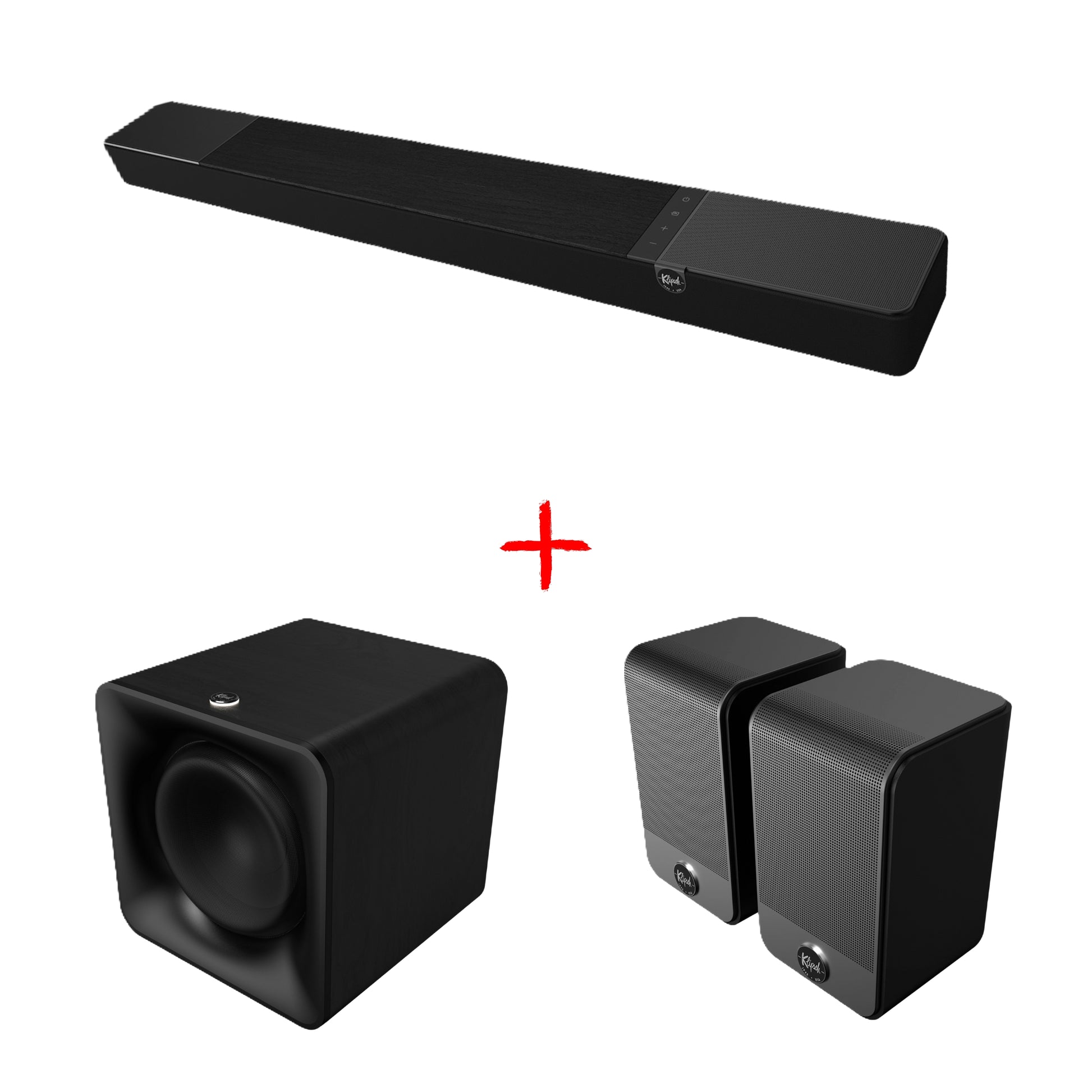Slika kompleta zvočnikov serije Klipsch Flexus Soundbar + 10" Subwoofer + par brezžičnih Surround zvočnikov za hifi hišni kino.