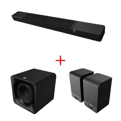 Slika kompleta zvočnikov serije Klipsch Flexus Soundbar + 10" Subwoofer + par brezžičnih Surround zvočnikov za hifi hišni kino.