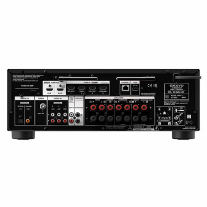 Slika zadnje plošče Onkyo TX-NR5100 sprejemnika, ki prikazuje vse priključke za zvočnike, vhodne in izhodne naprave.