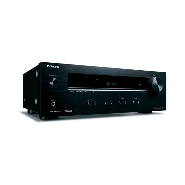 Onkyo TX-8220 DAB - sprednji pogled: Eleganten črn stereo sprejemnik z LED zaslonom, gumbi za nadzor in velikim regulatorjem glasnosti.