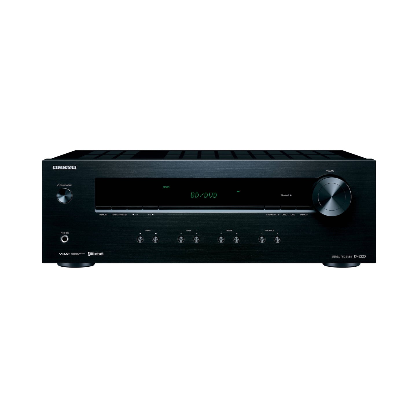 LED zaslon Onkyo TX-8220 med predvajanjem | Prikazuje izbran vhodni vir, frekvenco DAB/FM radia in nastavljeno glasnost. Najceneje v sloveniji.