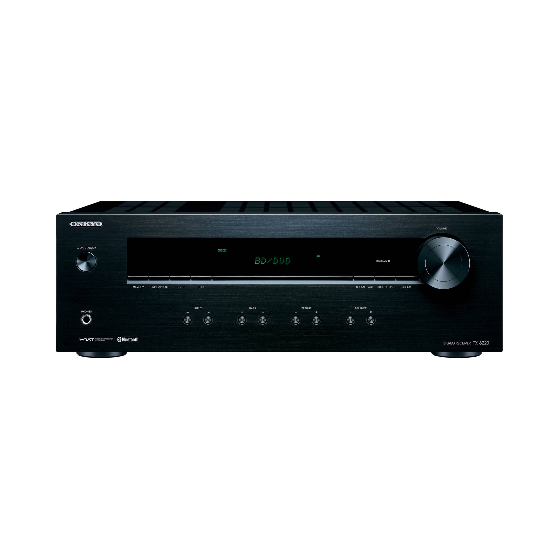 LED zaslon Onkyo TX-8220 med predvajanjem | Prikazuje izbran vhodni vir, frekvenco DAB/FM radia in nastavljeno glasnost. Najceneje v sloveniji.