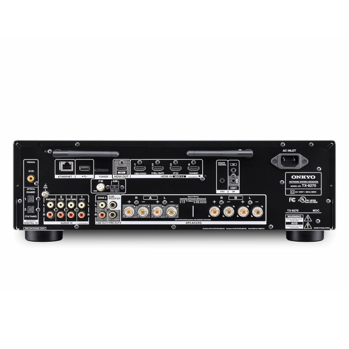 Onkyo TX-8270 – zadnji del z vsemi priključki | Povezave za HDMI, koaksialne in optične vhode ter terminali za 2.1-kanalni zvočni sistem in DAB anteno.