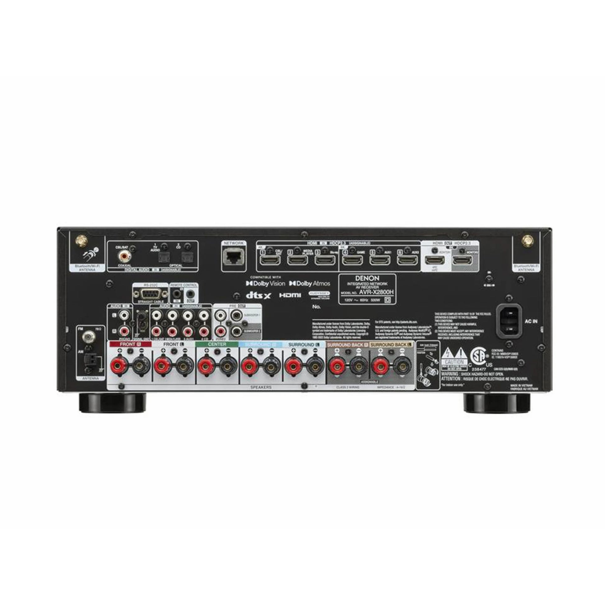 Slika zadnje plošče Denon AVR-X2800H DAB sprejemnika, ki prikazuje vse priključke za zvočnike, vhodne in izhodne naprave.