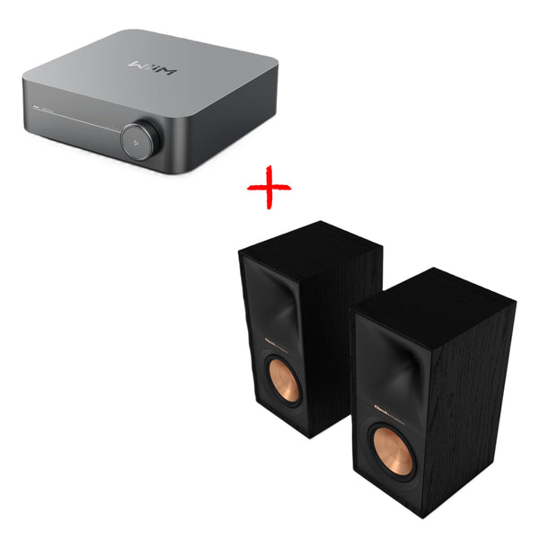 Slika kompleta WiiM Amp + zvočnikov Klipsch R-50M za modern domači avdio sistem ozvočenja.